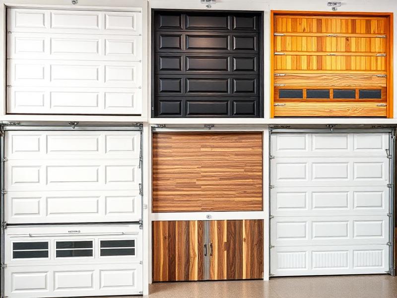 Display of various garage door colors including white, black, bronze, and wood grain