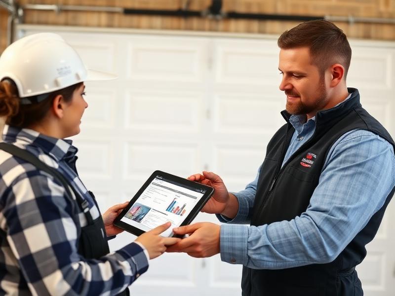 Professional contractor showing garage door installation options to homeowner