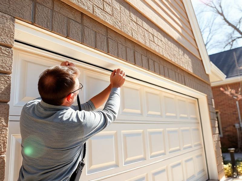 Homeowner inspecting garage door weatherstripping during spring maintenance
