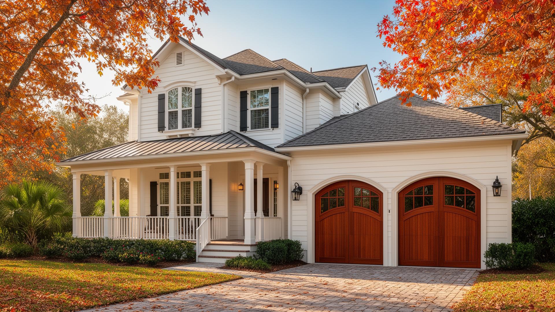 Beautiful mahogany wood garage doors with arched windows on a classic farmhouse in Hollywood, Florida