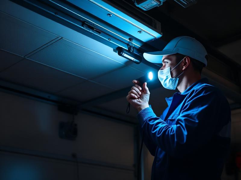 Emergency garage door repair service technician fixing broken spring at night