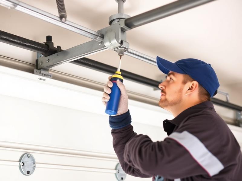Technician lubricating garage door springs and tracks during maintenance service